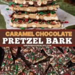 Pinterest image for caramel chocolate pretzel bark.