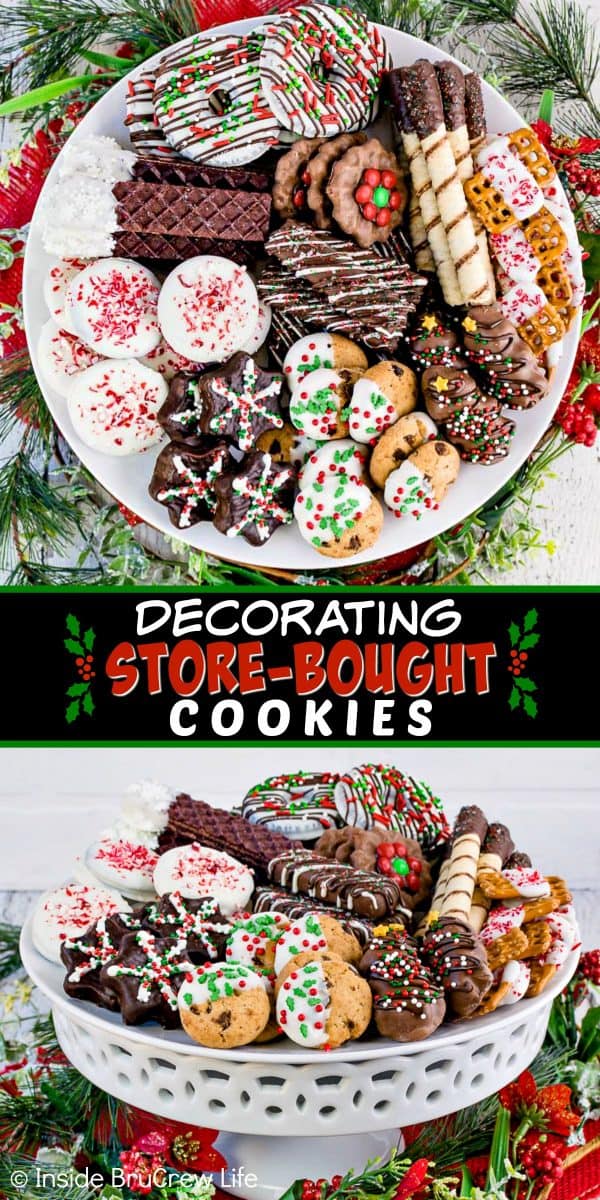 Two pictures of Decorated Store Bought Cookies separated with a black text box.