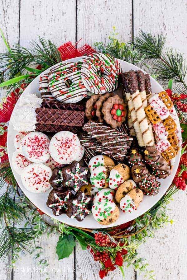 An overhead shot of a white plate full of Decorated Store Bought Cookies.