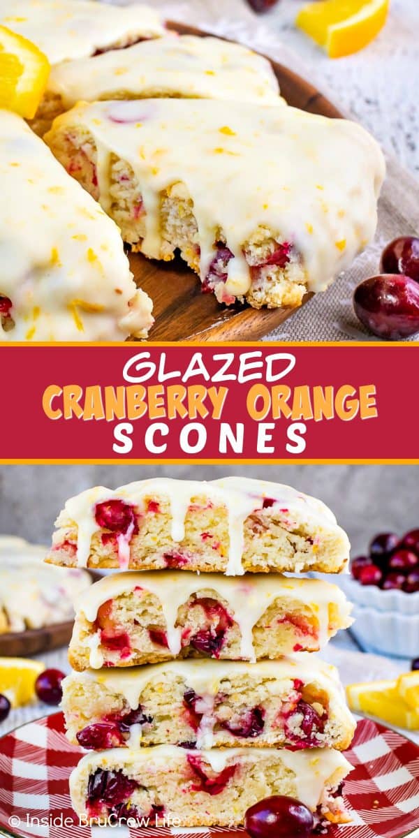 Two pictures of cranberry orange scones collaged together with a red text box.