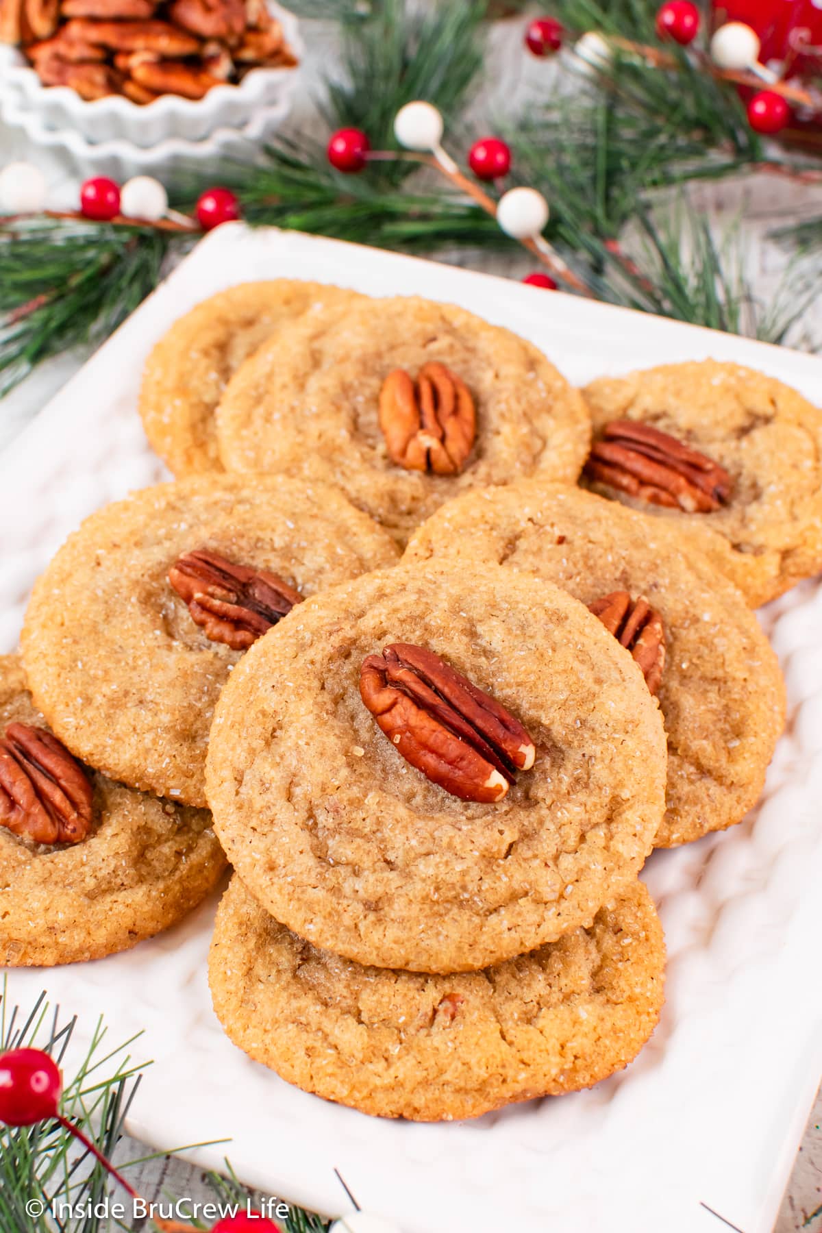 A white plate filled with cookies.