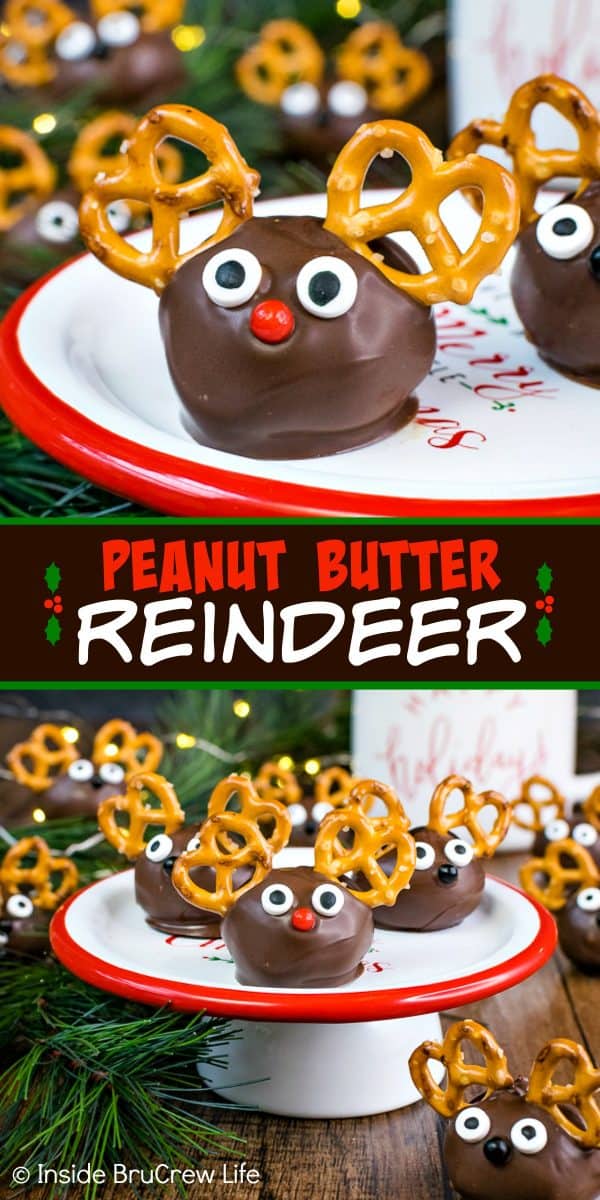 2 pictures of Peanut Butter Reindeer separated by a text box.