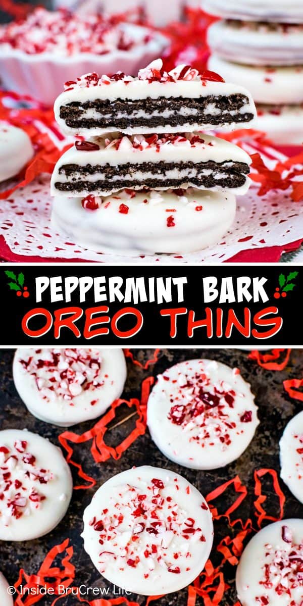 Two pictures of Peppermint Bark Oreo Thins collaged together with a black text box.