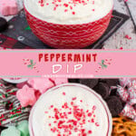 Two pictures of peppermint dip collaged with a pink text box.