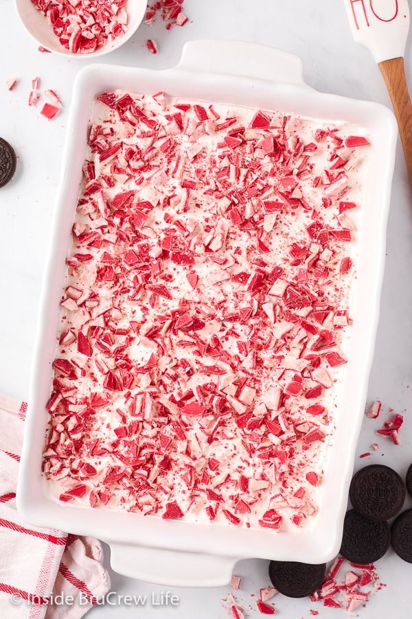 An overhead picture of a white pan on a white board filled with peppermint cheesecake and topped with pink and red chips.