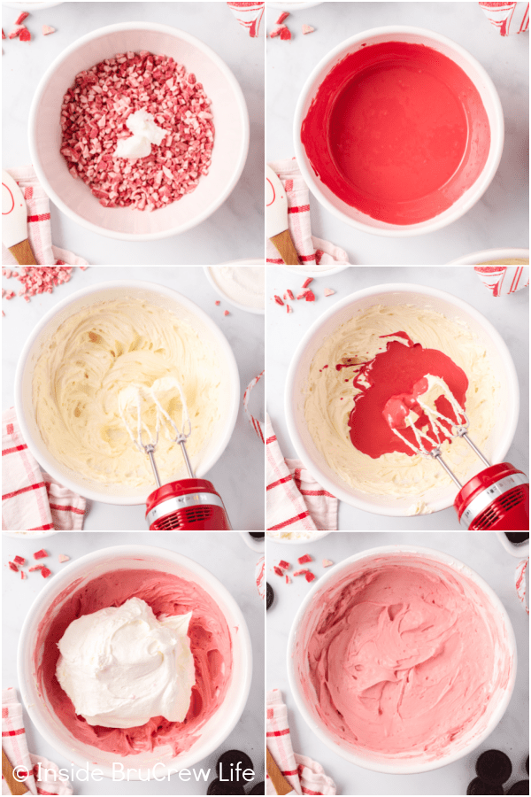 Six pictures collaged together showing how to make peppermint cheesecake batter.