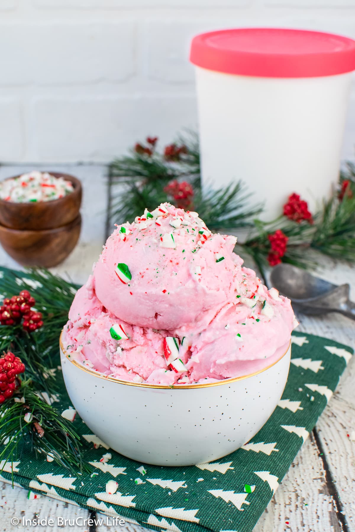 A white bowl filled with pink ice cream.