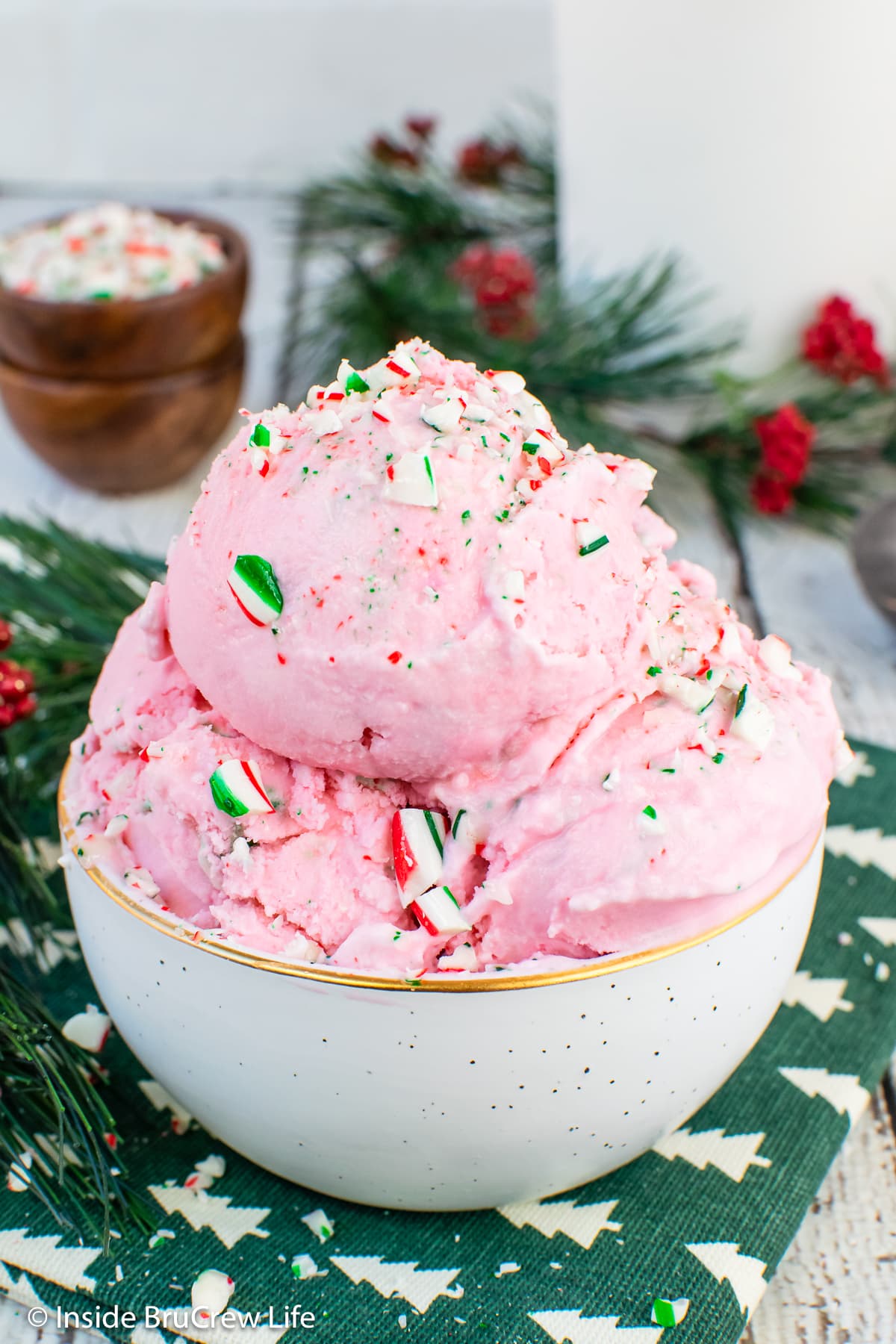 Pink ice cream in a bowl.
