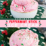 Two pictures of peppermint ice cream collaged with a pink text box.