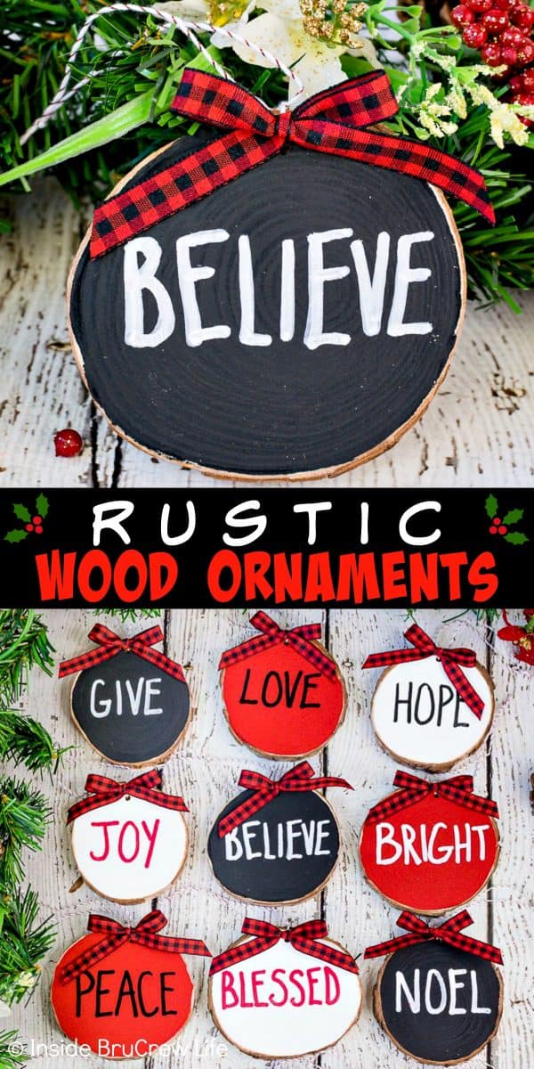 Rustic Wood Ornaments - these wood ornaments painted in red, white, and black are an easy holiday craft to make. Personalize your set of ornaments with the words of the season that you love. #rustic #woodornaments #raedunninspired #farmhousedecor #woodcrafts #christmastreeornaments