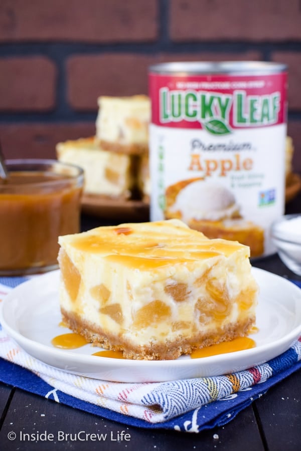 Apple Cheesecake Bars - a caramel drizzle and sea salt adds so much flavor to these apple cheesecake bars! Easy recipe to make when you need dessert! #apple #cheesecake #cheesecakebars #piefilling #dessert #easyrecipe