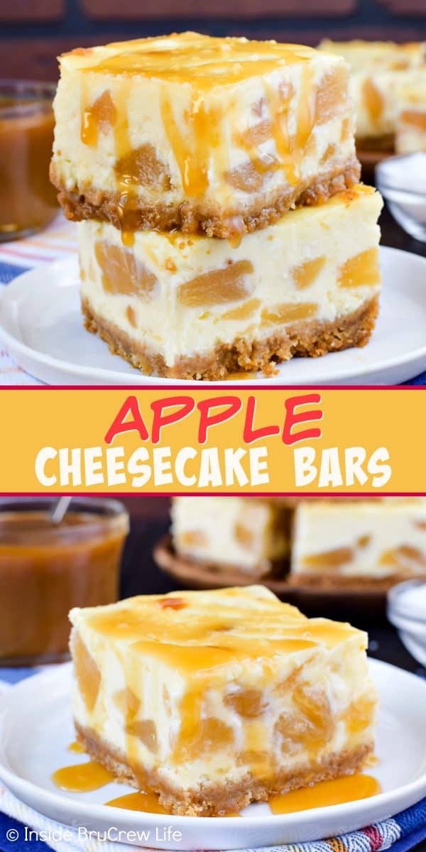 Apple Cheesecake Bars - creamy apple cheesecake bars drizzled with salted caramel taste absolutely amazing. Try this easy recipe when you need a dessert to share with friends! #apple #cheesecake #cheesecakebars #piefilling #dessert #easyrecipe