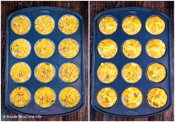 Two pictures collaged together showing how to fill the muffin tins for egg muffin cups