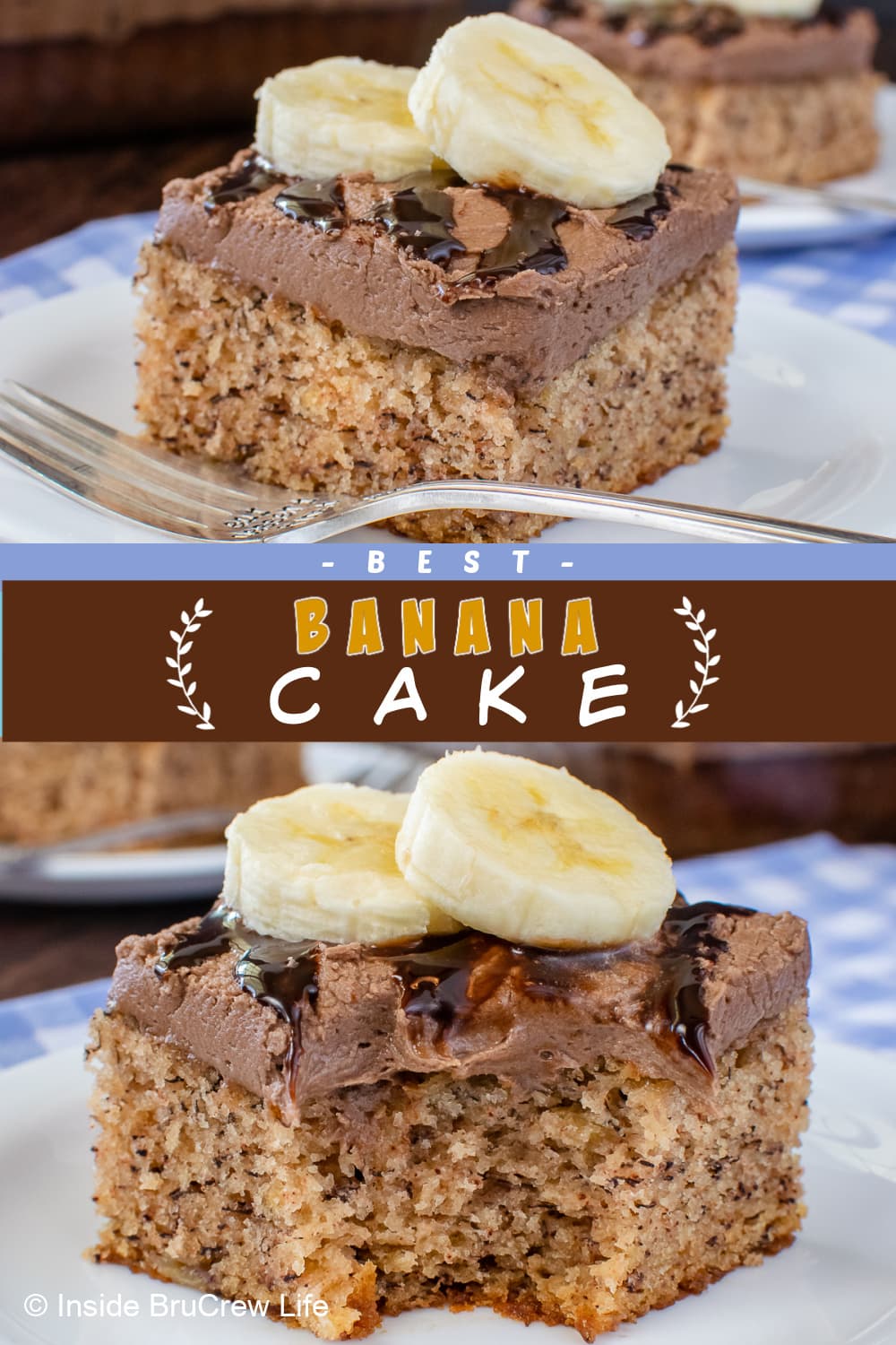 Two pictures of banana cake collaged together with a brown text box.