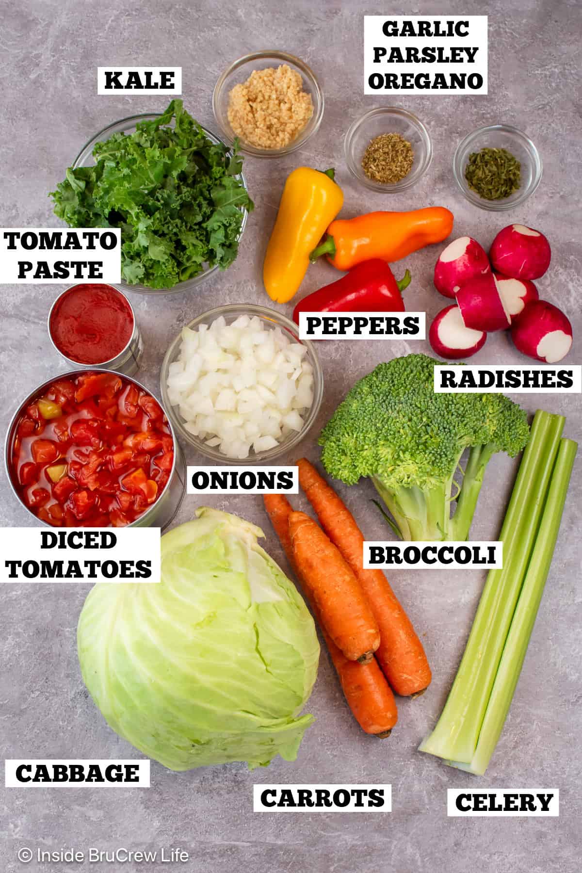 Cabbage vegetable soup ingredients with text labels.
