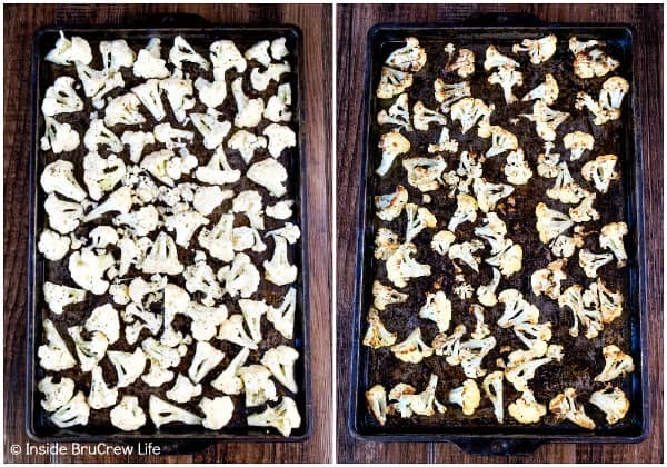 Two pictures collaged together showing how to roast cauliflower on a sheet pan.