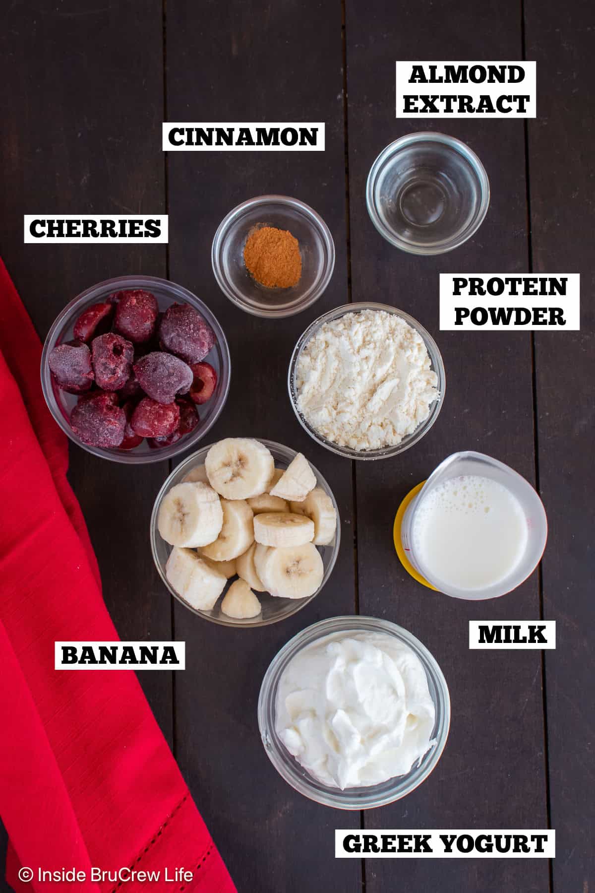 Cherry smoothie ingredients with text labels.