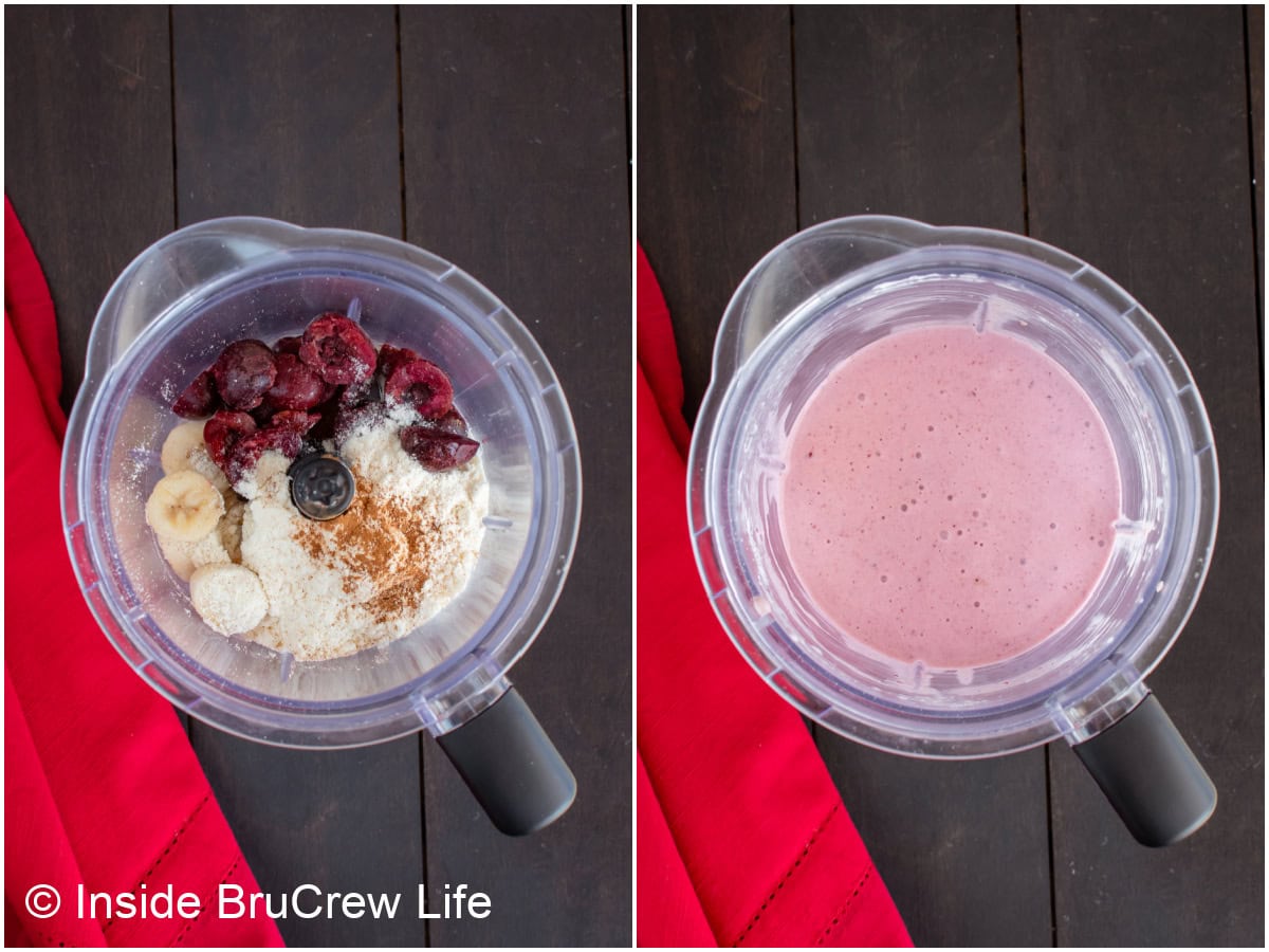 Step-by-step photos showing how to prepare a cherry smoothie in a blender.