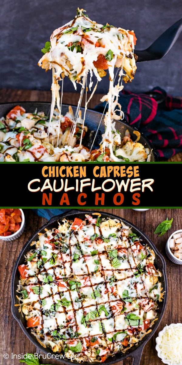 Chicken Caprese Cauliflower Nachos - this cheesy roasted cauliflower is loaded with chicken, tomatoes, and cheese! It's a delicious healthy appetizer for game days! #appetizer #cauliflower #healthy #nachos #gameday