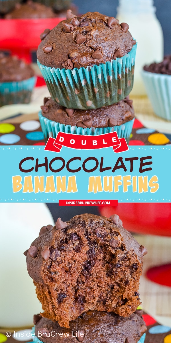 Two pictures of Chocolate Banana Muffins collaged together with a teal text box.