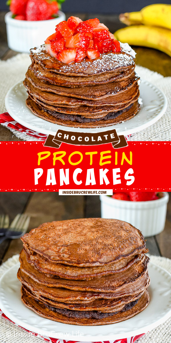 Two pictures of chocolate pancakes collaged together with a red text box.