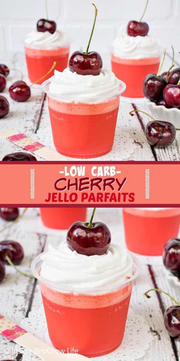 Two pictures of Low Carb Cherry Jello Parfaits collaged together with a red text box