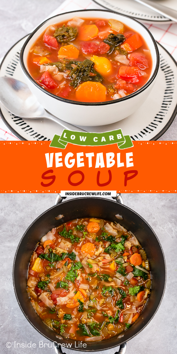 Two pictures of vegetable soup collaged together with an orange text box.