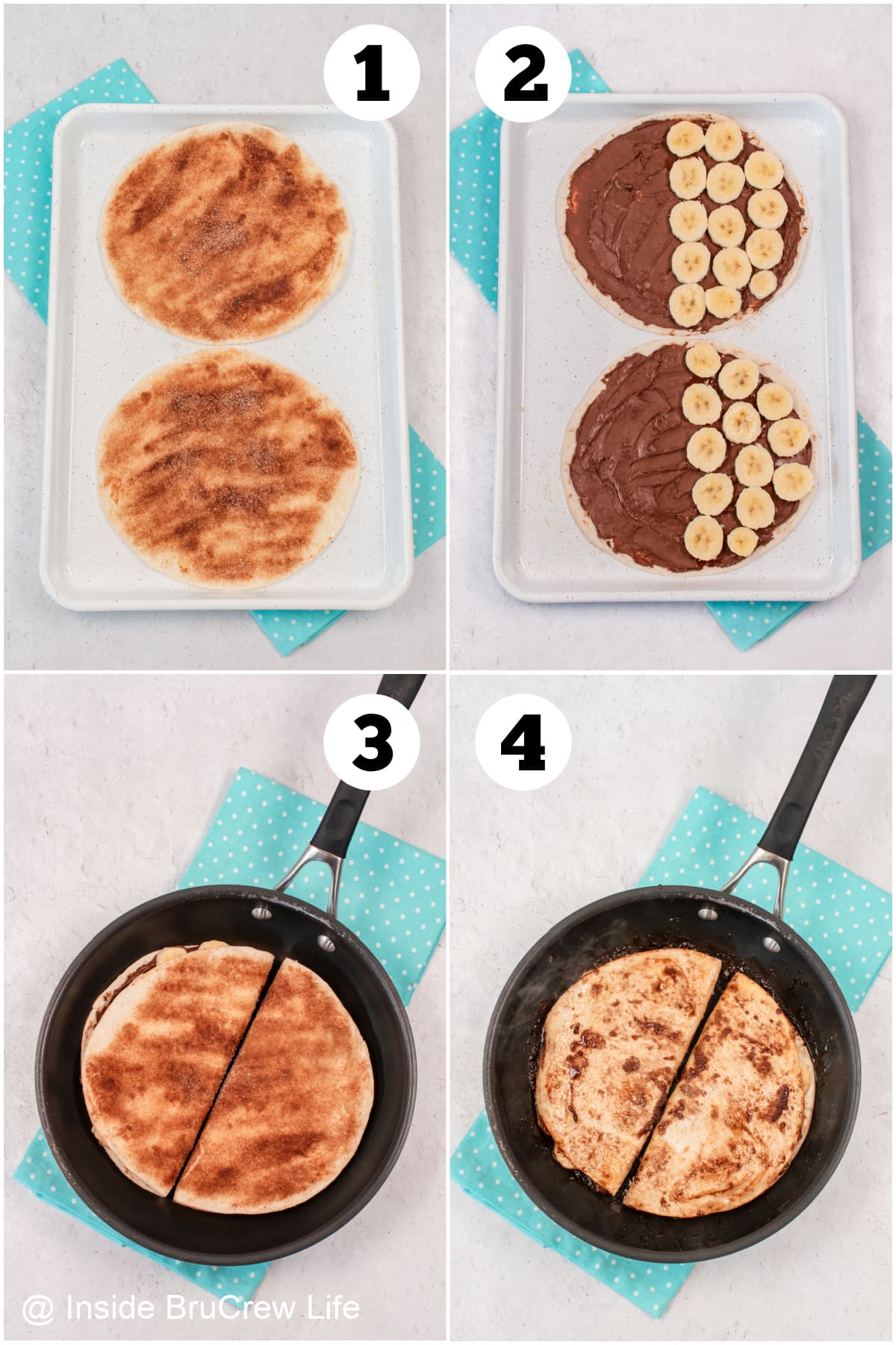 Four pictures collaged together showing how to make nutella quesadillas.