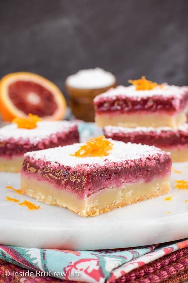 A white tray with squares of blood orange bars on it.