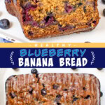 Two pictures of healthy blueberry banana bread collaged with a blue text box.