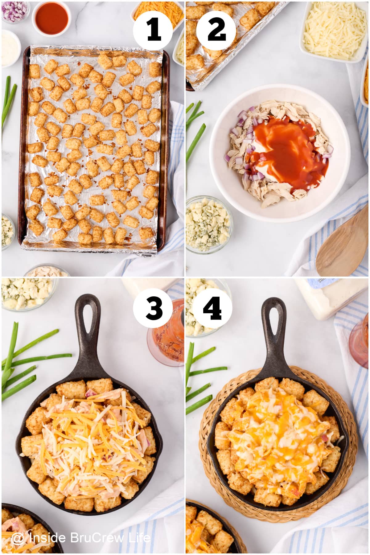 Four pictures collaged together showing how to assemble buffalo chicken totchos.