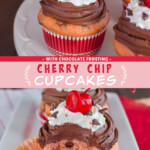 Two pictures of cherry chip cupcakes collaged with a pink text box.
