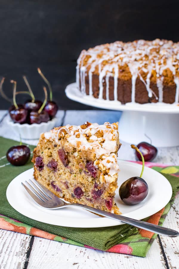 Cherry Zucchini Coffee Cake - this easy breakfast cake has fresh cherries and zucchini it and an awesome crumble on top! Great for breakfast or brunch! #coffeecake #cherry #zucchini #breakfast #brunchrecipes