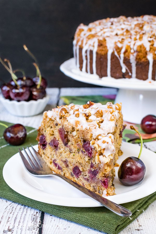 Cherry Zucchini Coffee Cake - zucchini and fresh cherries give this breakfast cake a great taste and texture. Perfect for breakfast or brunch! #coffeecake #cherry #zucchini #breakfast #brunchrecipes