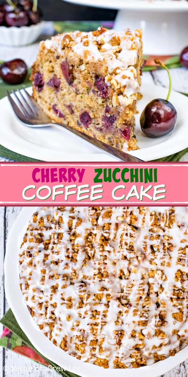 Cherry Zucchini Coffee Cake - fresh zucchini and cherries add a great taste and texture to this sweet cake. The crumble and glaze on top is so good! Great recipe for breakfast or brunch! #coffeecake #cherry #zucchini #breakfast #brunchrecipes