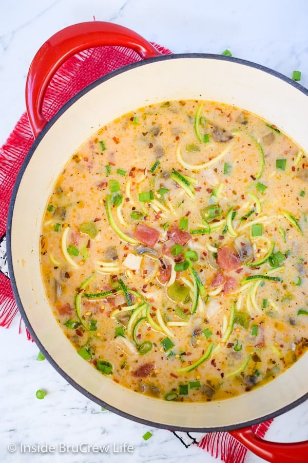 Overhead picture of a red pot filled with low carb chicken alfredo soup with zoodles.