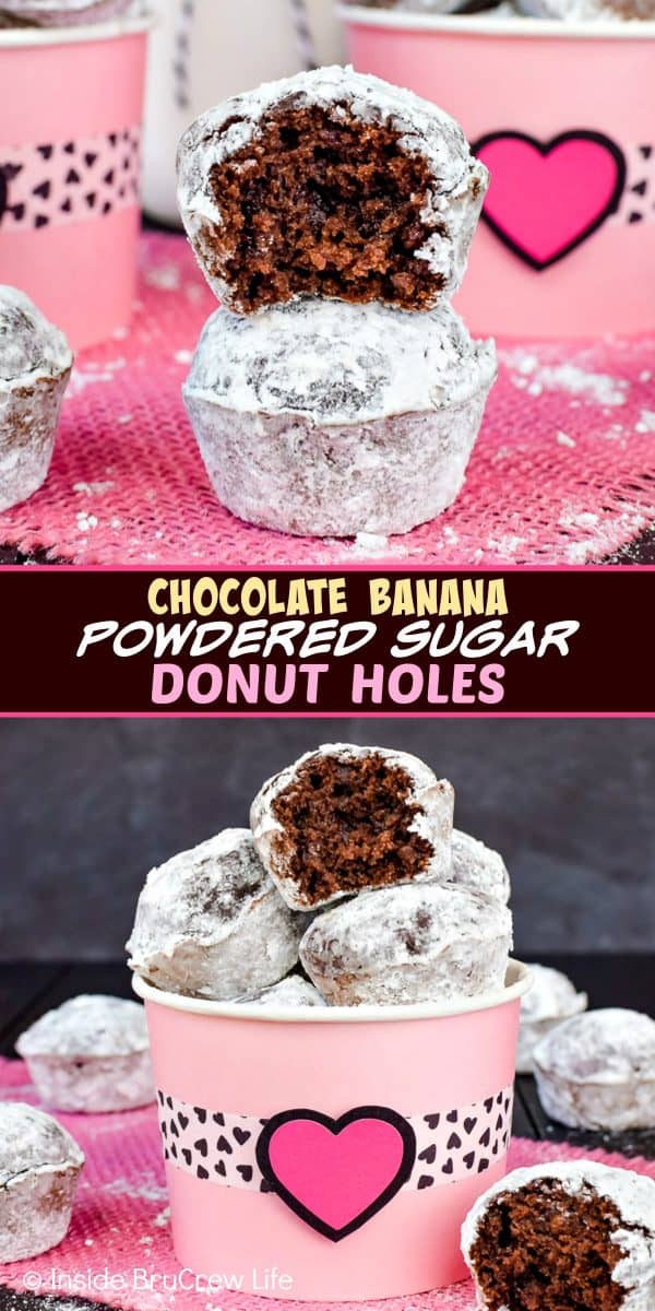 Chocolate Banana Powdered Sugar Donut Holes - these baked chocolate donuts are easy to make and can be ready to eat in 30 minutes. Try this banana recipe for breakfast or an after school snack! #breakfast #donutholes #bakeddonuts #donutmuffins #chocolate #banana #powderedsugardonuts