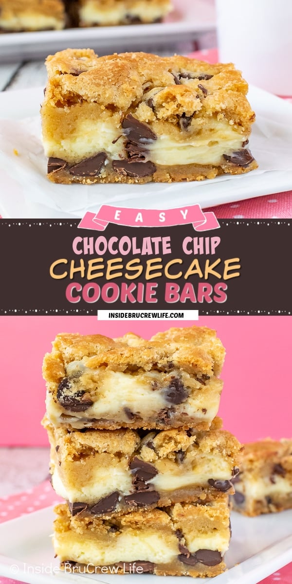 Two pictures of chocolate chip cheesecake cookie bars collaged together with a dark brown text box.