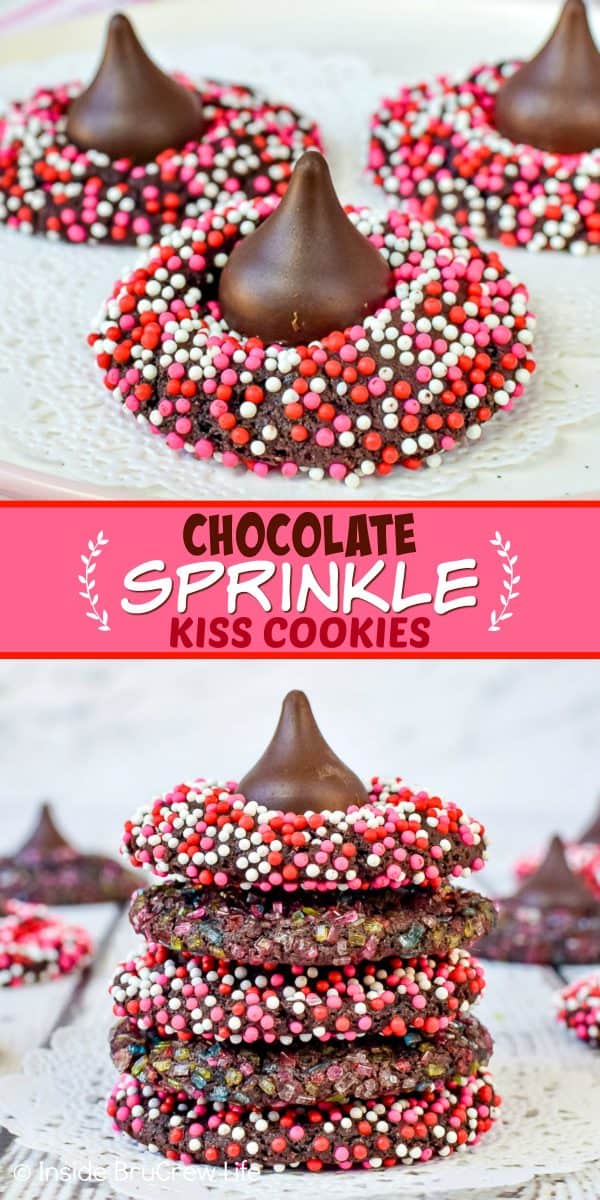 2 pictures of chocolate cookies covered in valentine sprinkles separated by a text box.