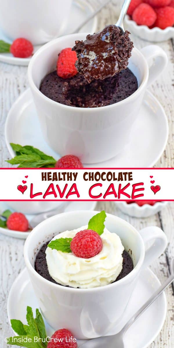 Two pictures of sugar free chocolate lava cake collaged together with a white text box.