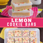 Two pictures of lemon cookie bars collaged with a pink text box.