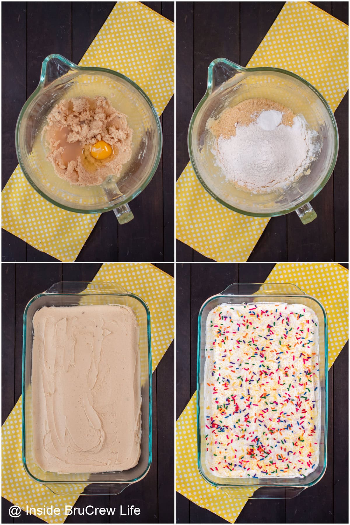 Four pictures collaged together showing the steps to making lemon cookie bars.