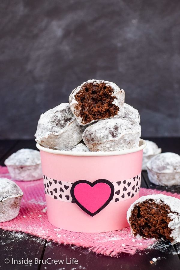 Chocolate Banana Powdered Sugar Donut Holes - these mini donut holes made with chocolate and banana will disappear in a hurry when you make them for breakfast! Trust me and make these right away! #breakfast #donutholes #bakeddonuts #donutmuffins #chocolate #banana #powderedsugardonuts
