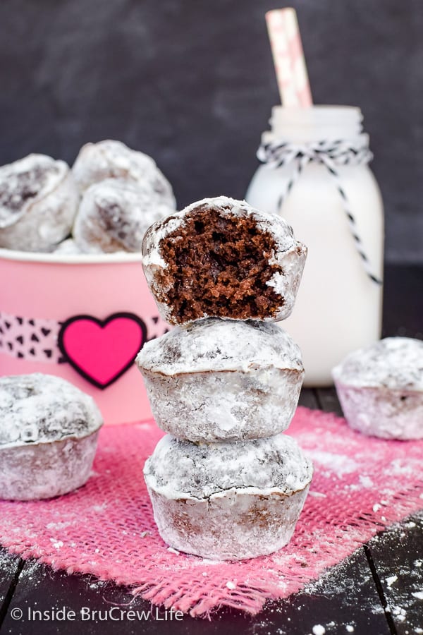 Chocolate Banana Powdered Sugar Donut Holes - these little baked chocolate donuts can be ready to eat in 30 minutes. Easy recipe to make for breakfast or an after school snack! #breakfast #donutholes #bakeddonuts #donutmuffins #chocolate #banana #powderedsugardonuts