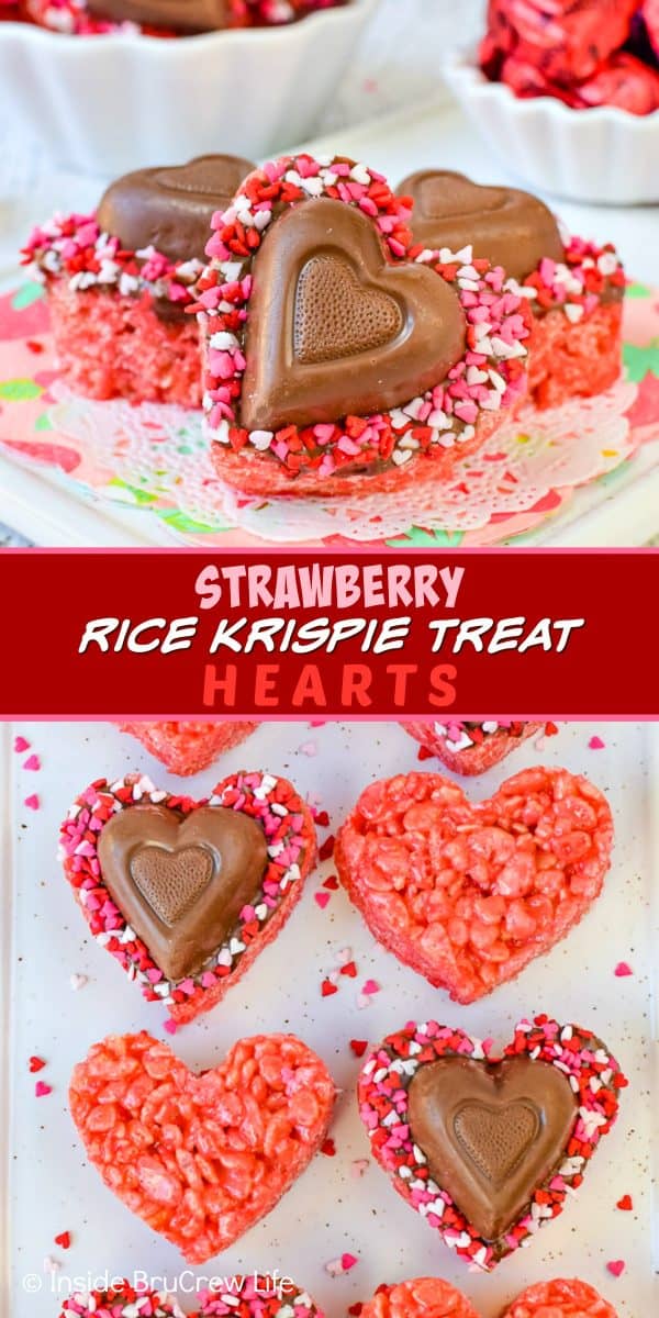 2 pictures of strawberry rice krispie treats in the shape of a heart.
