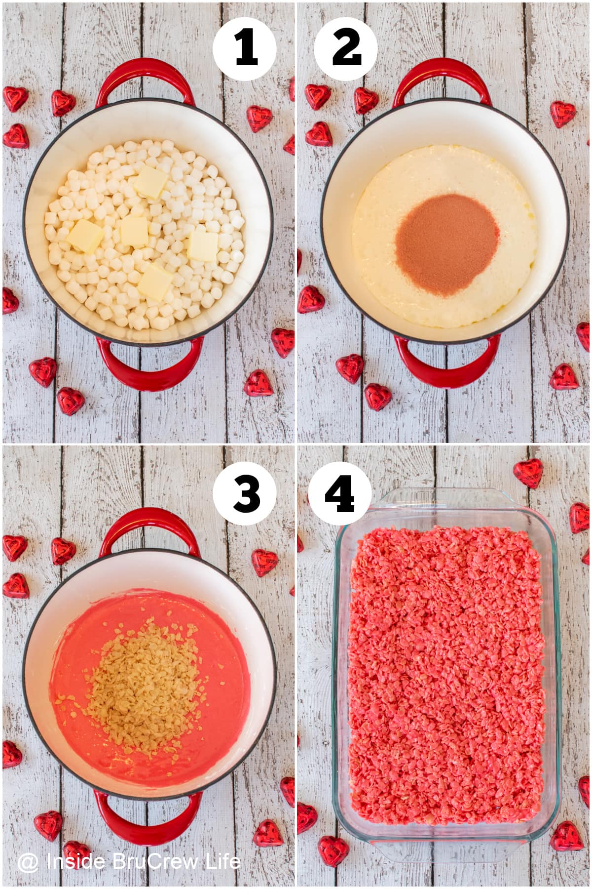 Four pictures collaged together showing how to make rice krispie treats with Jello.
