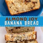 Pinterest image for almond joy banana bread.