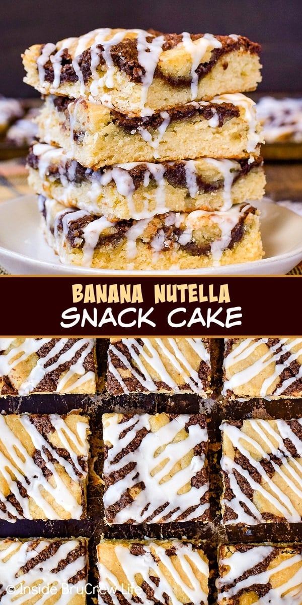 Two pictures of banana nutella snack cake collaged together with a brown text box