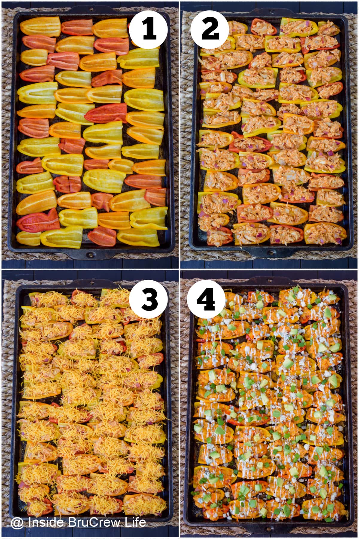 Four pictures collaged together showing how to fill mini bell peppers.