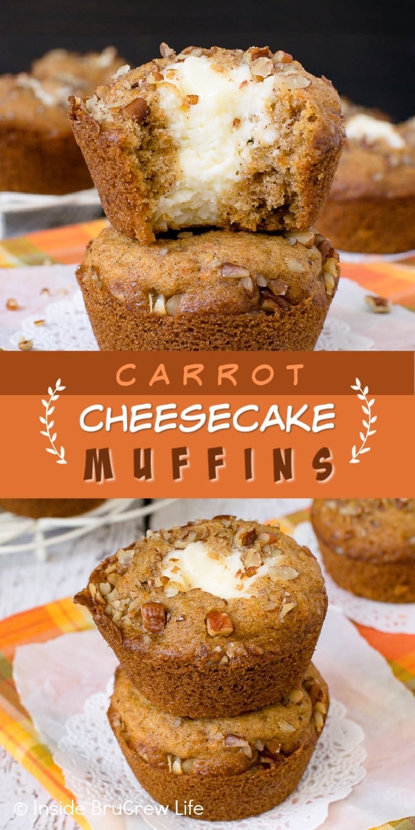 Two pictures of carrot cheesecake muffins collaged together with an orange and brown text box